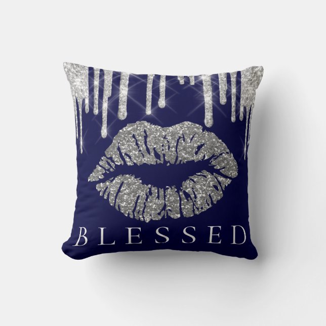 Kiss Lips Silver Grey Drips Glitter Navy Blessed Kussen (Voorkant)