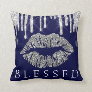 Kiss Lips Silver Grey Drips Glitter Navy Blessed Kussen