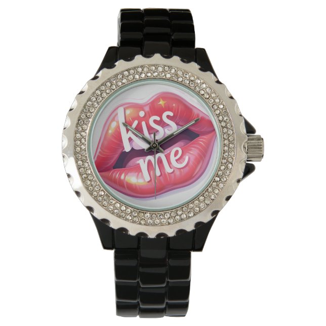 Kiss Me Glossy Red Lips Art Illustration Horloge (Voorkant)