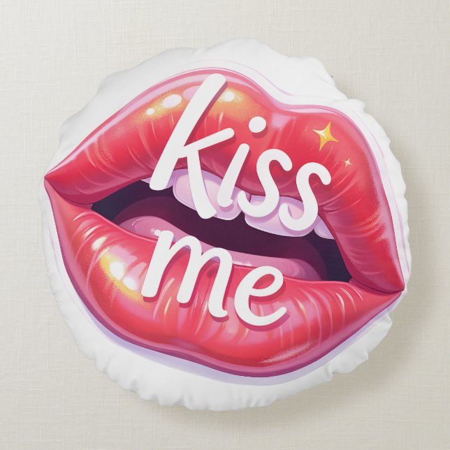 Kiss Me Glossy Red Lips Art Illustration Rond Kussen (Achterkant)