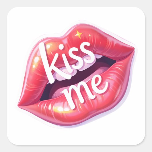 Kiss Me Glossy Red Lips Art Illustration Vierkante Sticker (Voorkant)