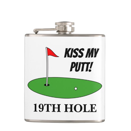 Kiss My Putt 19th Hole grappige drink met golfcade Heupfles (Voorkant)