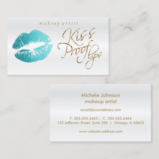 Kiss Proof Lips - Blauwgroen Glitter Visitekaartje (Voorkant / Achterkant)