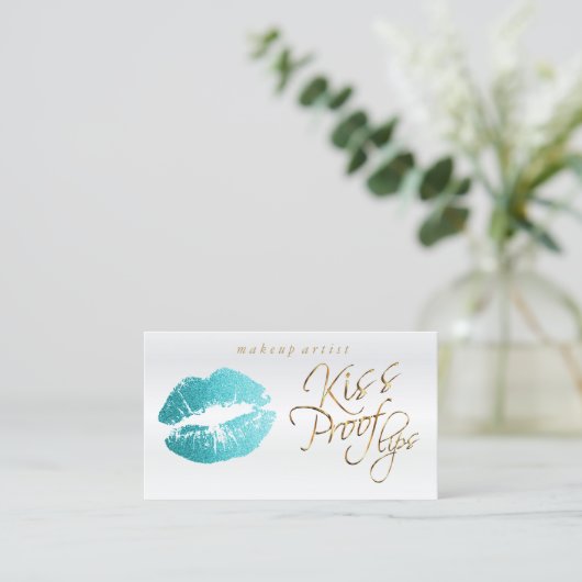 Kiss Proof Lips - Blauwgroen Glitter Visitekaartje (Staand voorkant)
