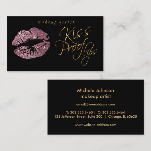 Kiss Proof Lips - Roos Glitter en Elegant Gold Visitekaartje (Voorkant / Achterkant)