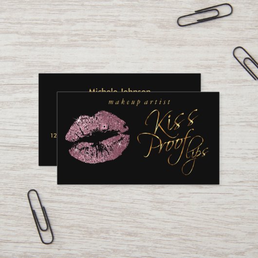 Kiss Proof Lips - Roos Glitter en Elegant Gold Visitekaartje (Voorkant / Achterkant in situ)
