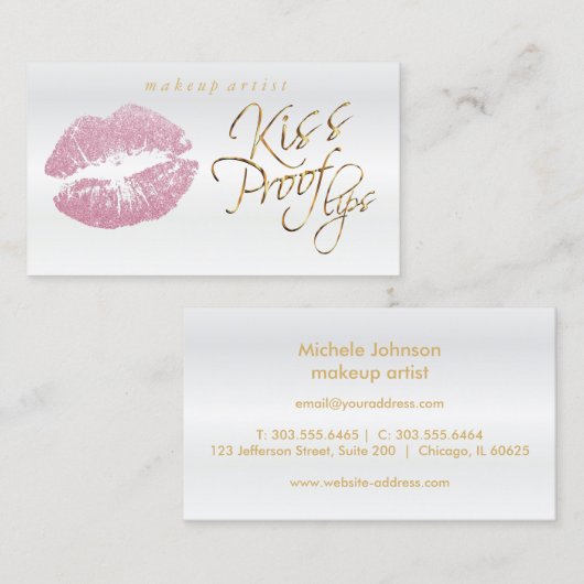 Kiss Proof Lips - Roze Glitter en Elegant Gold 2 Visitekaartje (Voorkant / Achterkant)