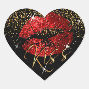 Kiss Red en Gold Glitter Lips Hart Sticker