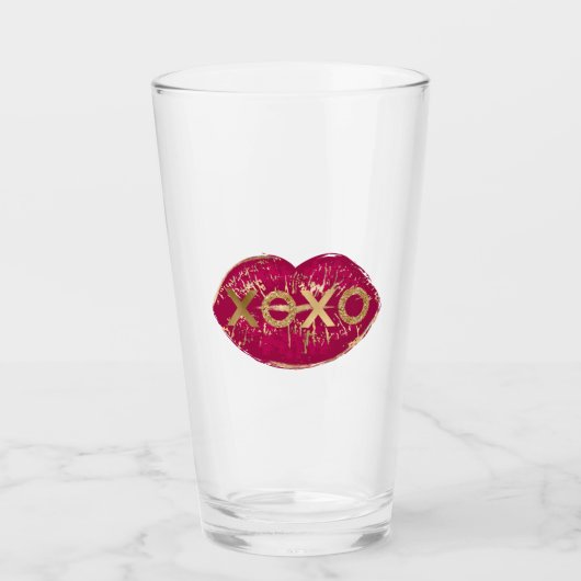 Kiss Red Lips Gold Glitter XOXO Glas (Voorkant)