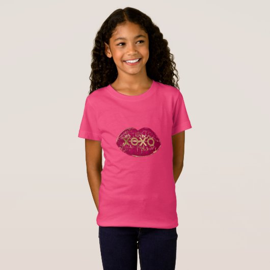 Kiss Red Lips Gold Glitter XOXO T-shirt (Voorkant volledig)