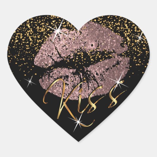 Kiss Roos Gold en Gold Glitter Lips Hart Sticker (Voorkant)