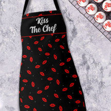 Kiss the Chef Red Lip Print Lipstick Zwart Schort