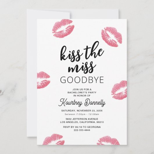 Kiss The Miss Goodbye Bachelorette Party Kaart (Voorkant)