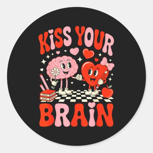 Kiss Your Brain Women Valentine's Day Retro School Ronde Sticker (Voorkant)