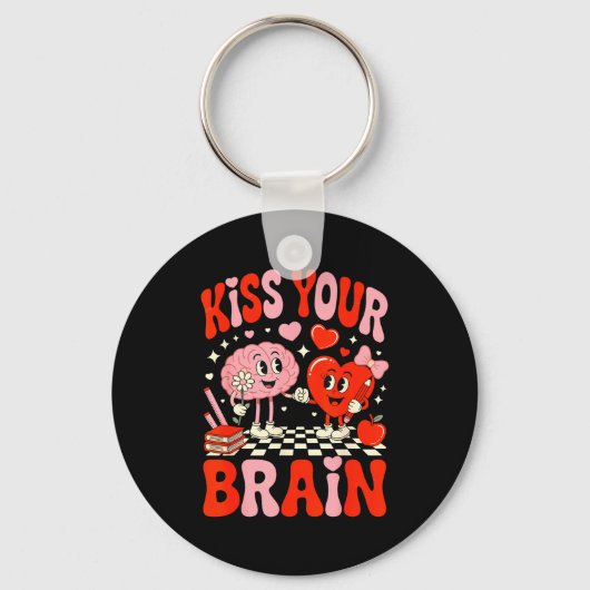 Kiss Your Brain Women Valentine's Day Retro School Sleutelhanger (Voorkant)