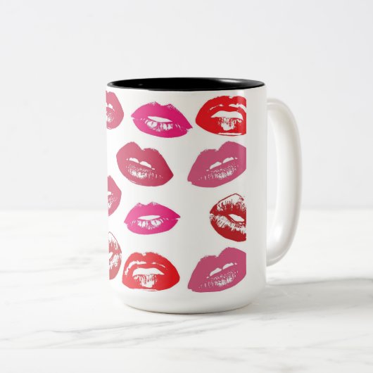 Kissbare lips (zogende lips, rode en roze lipstick tweekleurige koffiemok (Voorkant rechts)