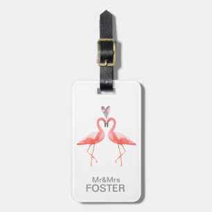 Kissend roze flamingos Mr & Mrs monogram Bagagelabel