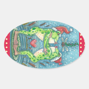KISSENDE FROGS, DRAGONFLY MISTLETOE HOLIDAY STICKE OVALE STICKER