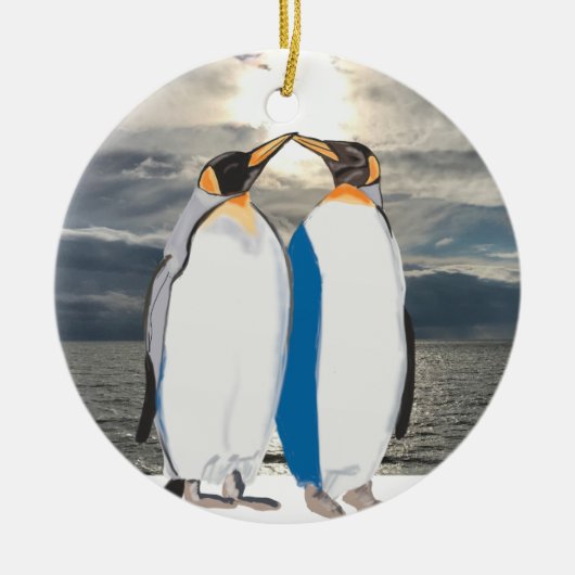Kissende koning Penguin Pair in Artic Keramisch Ornament (Voorkant)