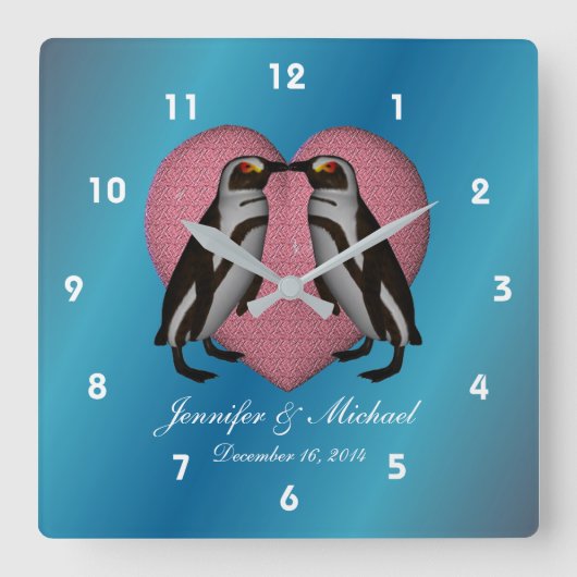 Kissende pinguïns roze harthuwelijk vierkante klok (Voorkant)