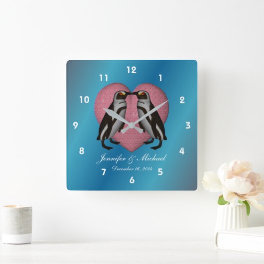 Kissende pinguïns roze harthuwelijk vierkante klok (Huis)