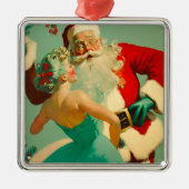  "Kissende Santa Claus" Blauwe Kerstmis Metalen Ornament (Voorkant)