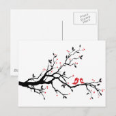 Kissende vogel op boomtak met rode hartbladeren briefkaart (Voorkant / Achterkant)