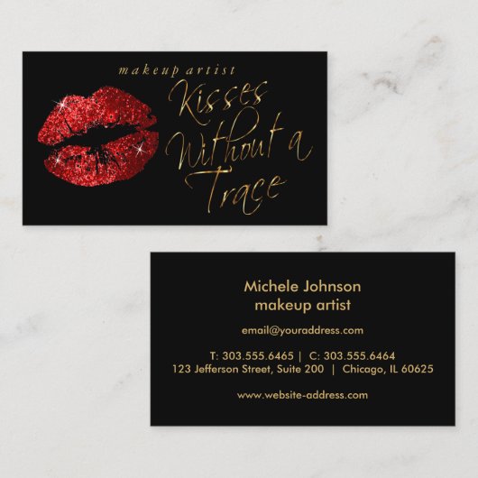 Kisses - Red Glitter en Elegant Gold Visitekaartje (Voorkant / Achterkant)