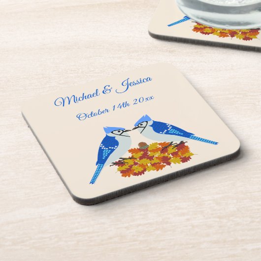 Kissing Blue Jays Fall Wedding Custom Bier Onderzetter (Linkerzijde)