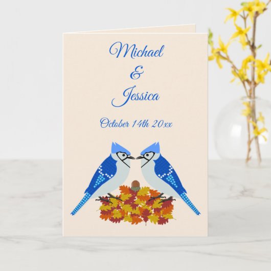 Kissing Blue Jays Fall Wedding Custom Kaart (Gele Bloem)