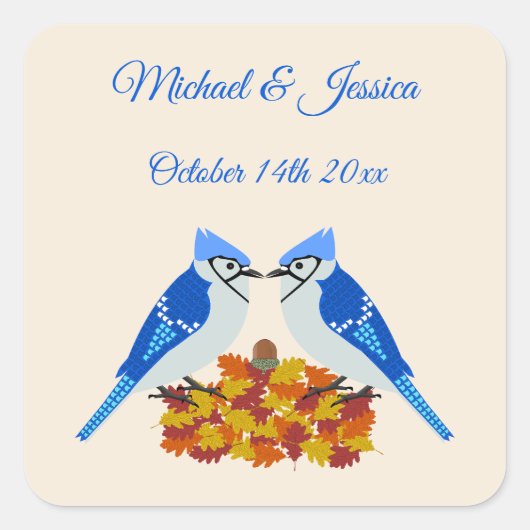 Kissing Blue Jays Fall Wedding Custom Vierkante Sticker (Voorkant)