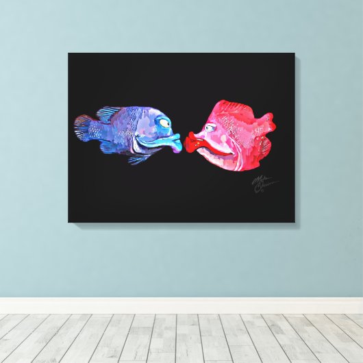 "Kissing Fish" Kunst van Mike Quinn Canvas Afdruk (Insitu (Houten vloer))
