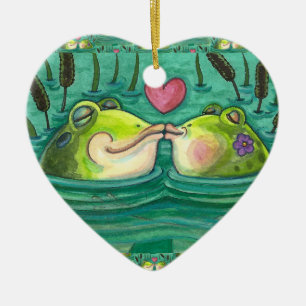 KISSING FROGS COLORFUL EN CUTE POND ROMANCE, FUNNY KERAMISCH ORNAMENT