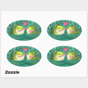 KISSING FROGS COLORFUL EN CUTE POND ROMANCE, FUNNY OVALE STICKER
