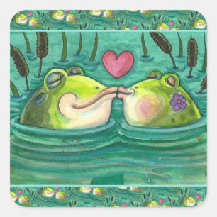 KISSING FROGS COLORFUL EN CUTE POND ROMANCE, FUNNY VIERKANTE STICKER