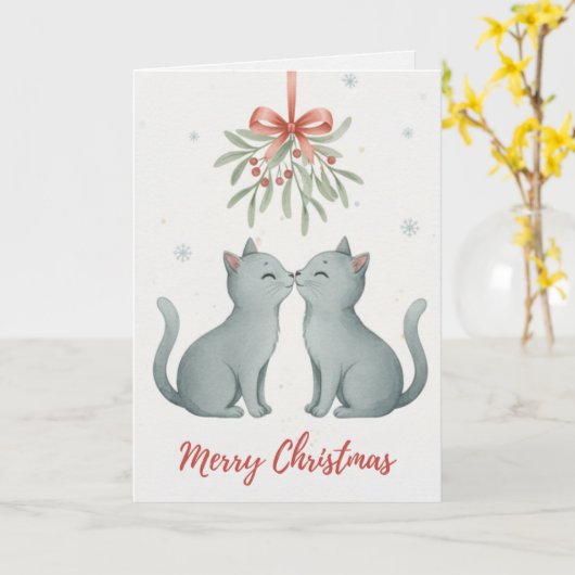 Kissing Kittens Under the Mistletoe Christmas Card Kaart (Gele Bloem)