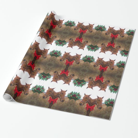 Kissing Mistletoe: Kerstpaarden rode strik Cadeaupapier (Uitgerold)