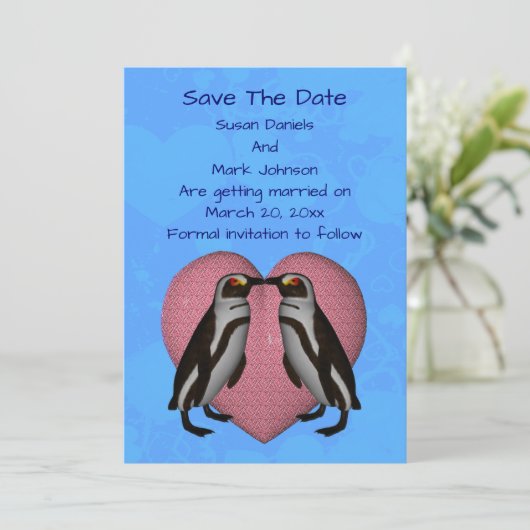 Kissing Penguins Cute Wedding  Save The Date (Staand voorkant)