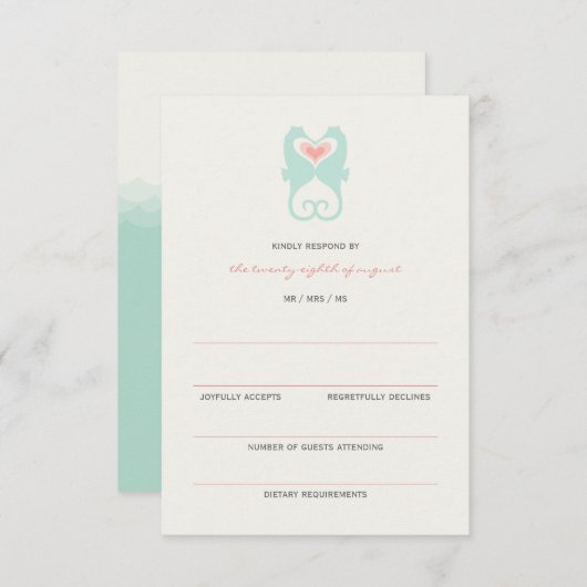 Kissing Seapaarden Love Hearts Beach Weddenschap R RSVP Kaartje (Voorkant / Achterkant)