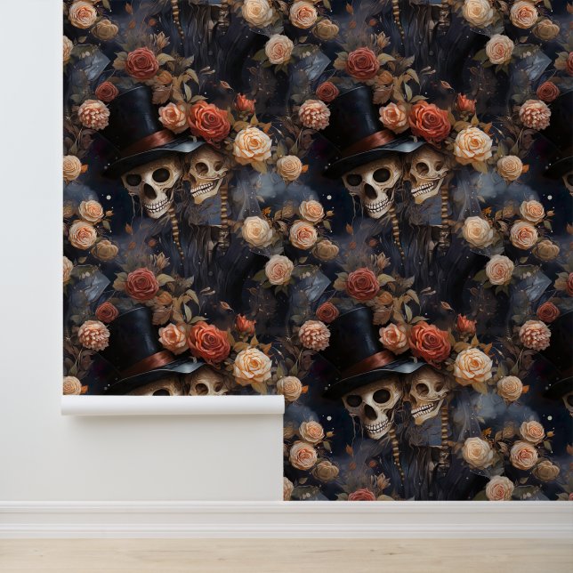 Kissing Skeletons Blust Pink Gothic Skulls Behang (Applicatie)