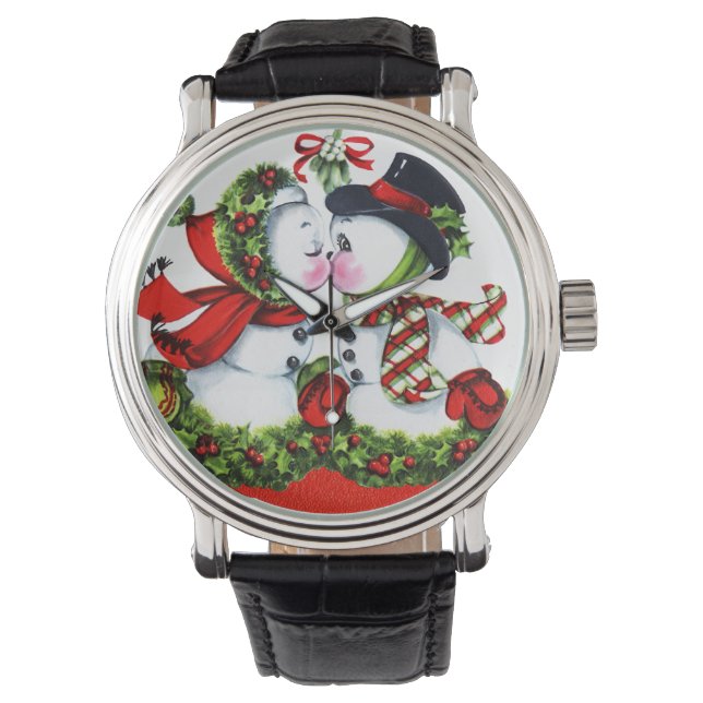 Kissing Snowman Couple Horloge (Voorkant)