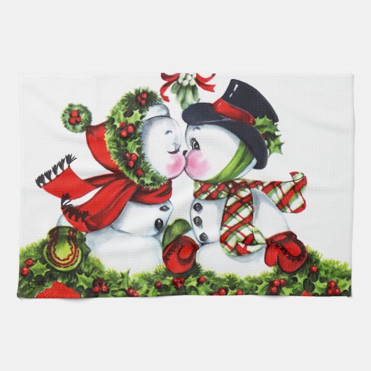 Kissing Snowman Couple Theedoek (Horizontaal)