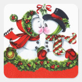 Kissing Snowman Couple Vierkante Sticker (Voorkant)