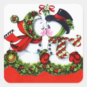 Kissing Snowman Couple Vierkante Sticker