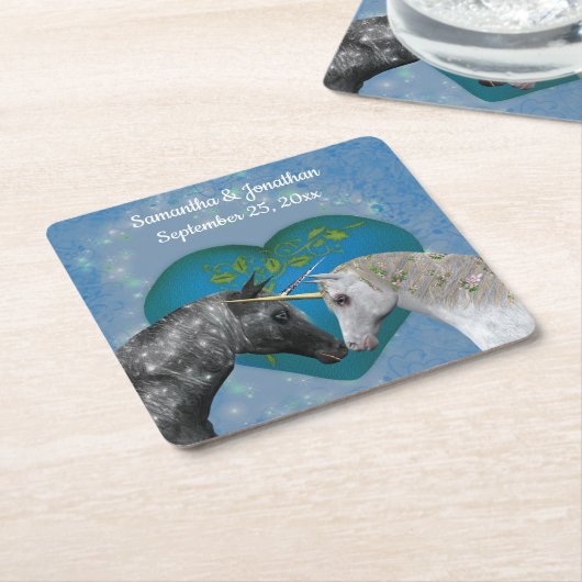 Kissing Unicorns Cute Personalized Wedding Kartonnen Onderzetters (Schuin)