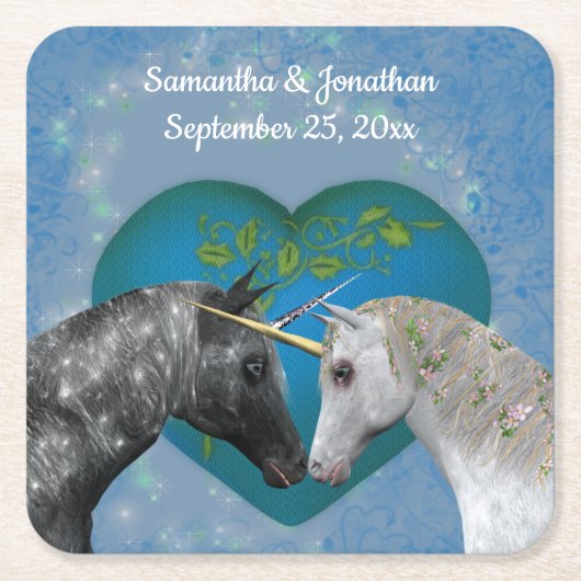 Kissing Unicorns Cute Personalized Wedding  Kartonnen Onderzetters (Voorkant)