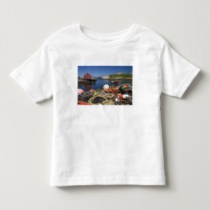Kistpotten, boeien en touwen op de steiger bij kinder shirts