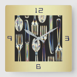 KITCHEN CLOCK MET KNIVESVORKEN EN SPOONS VIERKANTE KLOK