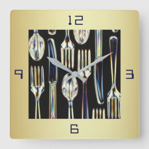 KITCHEN CLOCK MET KNIVESVORKEN EN SPOONS VIERKANTE KLOK