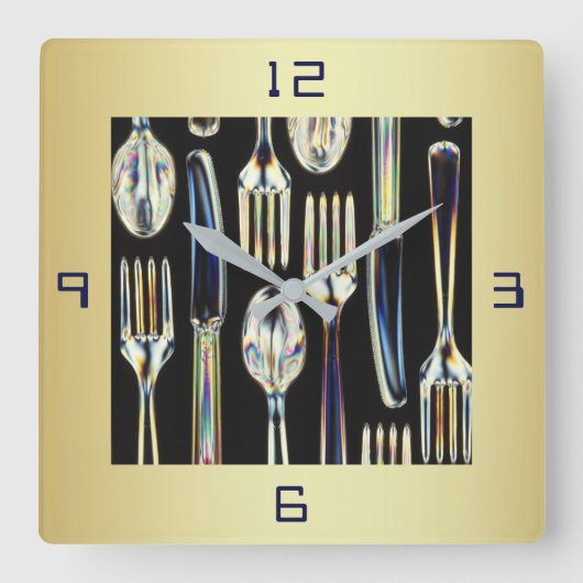 KITCHEN CLOCK MET KNIVESVORKEN EN SPOONS VIERKANTE KLOK (Voorkant)